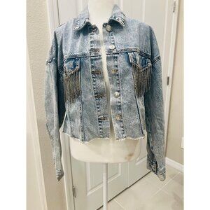 Womens light Wash Rhinestone Fringe denim Jacket western cowgirl SMALL
